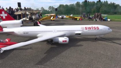 MD-11 SWISS AIRLINER TURBINE RC MODEL IN FORMATION WITH TWO