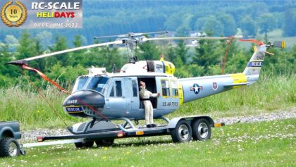 Air show of a large RC Bell UH-1D with turbine